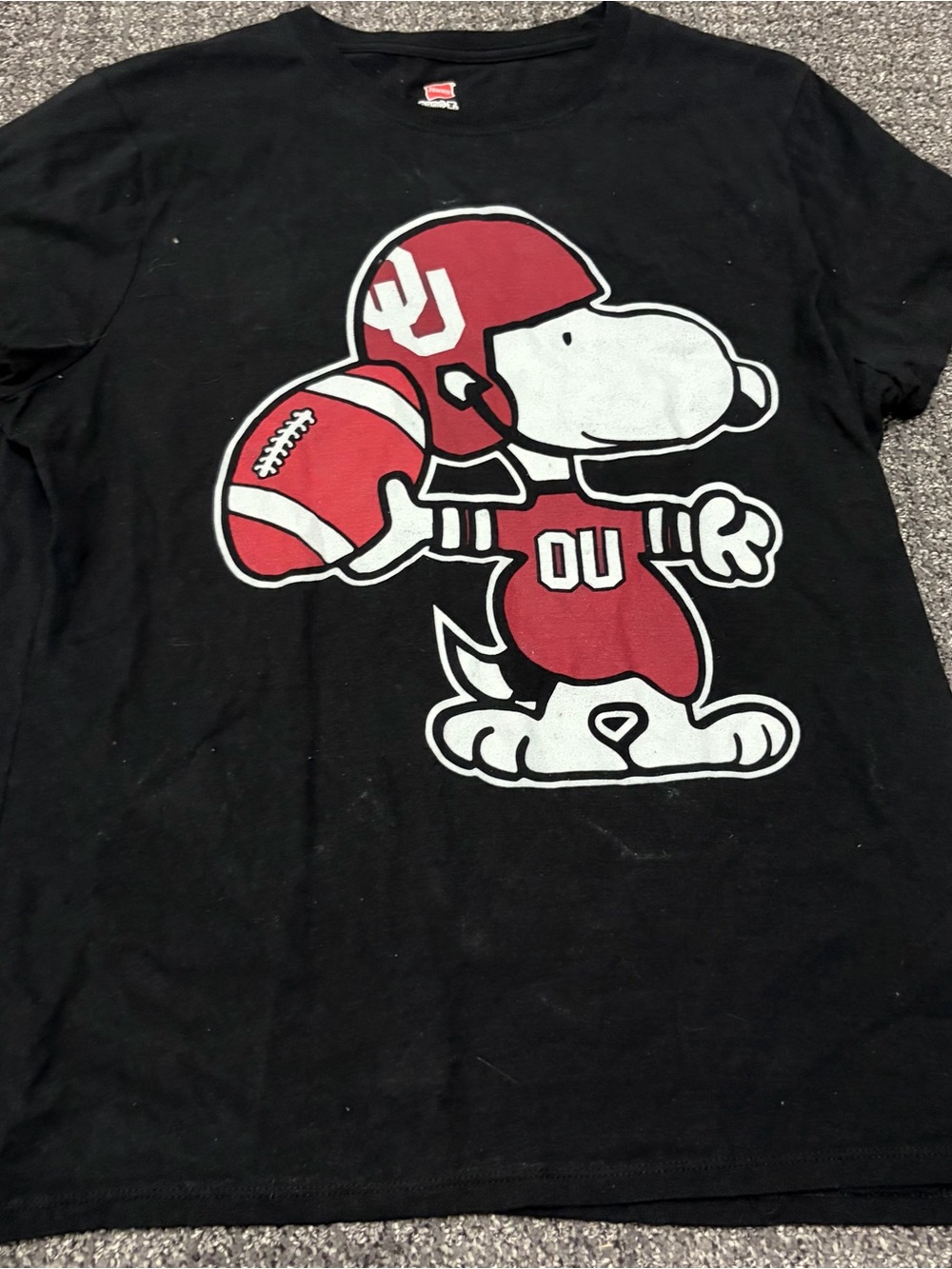 Kids Black Tee with Red Snoopy OU Football Graphic